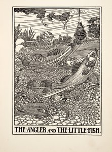Der Angler und der kleine Fisch, aus Hundert Fabeln von Äsop, veröffentlicht 1903 (Gravur) von Percy J. Billingshurst