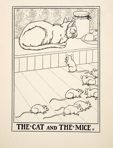 Die Katze und die Mäuse, aus Hundert Fabeln von Äsop, veröffentlicht 1903 (Gravur) von Percy J. Billingshurst