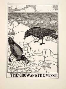 Die Krähe und die Muschel, aus Hundert Fabeln von Äsop, veröffentlicht 1903 von Percy J. Billingshurst