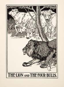 Der Löwe und die vier Stiere, aus Hundert Fabeln von Äsop, veröffentlicht 1903 (Gravur) von Percy J. Billingshurst