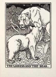 Die Löwin und der Bär, aus Fontaine Fabeln, veröffentlicht 1905