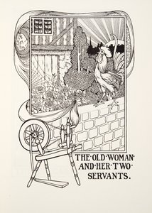 Die alte Frau und ihre zwei Diener, aus Fontaine Fabeln, veröffentlicht 1905 (Gravur)