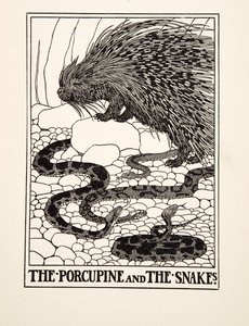 Der Stachelschwein und die Schlangen, aus Hundert Fabeln von Äsop, veröffentlicht 1903 (Gravur) von Percy J. Billingshurst