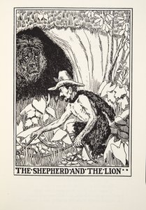 Der Schäfer und der Löwe, aus Fontaine Fabeln, veröffentlicht 1905 von Percy J. Billingshurst
