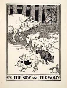 Die Sau und der Wolf, aus Hundert Fabeln von Äsop, veröffentlicht 1903 (Gravur) von Percy J. Billingshurst