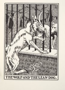 Der Wolf und der magere Hund, aus Fontaine Fabeln, veröffentlicht 1905 von Percy J. Billingshurst