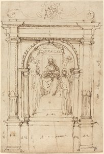 Altarbild der Madonna mit Kind und Heiligen in seiner architektonischen Umgebung