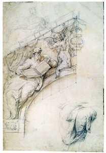 Dekoration einer Wand über einem Eingangsgewölbe mit einem Propheten und zwei Putten, um 1525