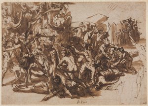 Poros, angegriffen von der makedonischen Armee (recto), Skizzen von Tieren (verso), um 1545-1547 von Perino del Vaga