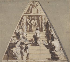 Darstellung der Jungfrau im Tempel unten, Abraham bereit, Isaak oben zu opfern, 1520 von Perino del Vaga