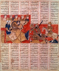 Kunst Iran (Persien): Miniatur eines Manuskripts des Shahnameh, König Bahram Gur tötet den Herrscher der Turanier. Manuskript von 1341. Private Sammlung. von Persian School