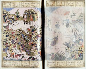 Schlacht zwischen Isfandiyar und Arjasp, Illustration aus dem Shahnama (Buch der Könige) von Abul-Qasim Manur Firdawsi (ca. 934-ca. 1020) ca. 1440-45