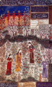 Erstes Treffen von Prinz Houmay und Prinzessin Houmayoun von China. Miniatur aus einem Gedicht von Kuradjou Kirmani, realisiert von der Schule von Herat, um 1430. Iran. Kunstgewerbemuseum, Paris