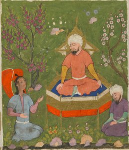 Seite aus Ajaib al-Makhluqat (Wunder der Schöpfung) von al-Qazwini; recto: Heiligenscheinfigur auf dem Thron, Qazwin, Iran, ca. 1590-1600