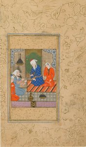Seite aus einem Yusuf u Zulaykha von Jami; Zulaykha und ein älterer Mann hören einem Gespräch zu, möglicherweise Maschhad, Iran, ca. 1560-70
