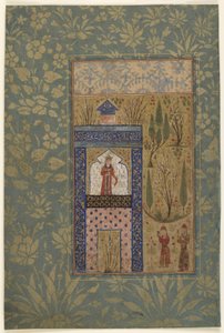 Seite aus einer Anthologie; Zwei Jugendliche vor einer Prinzessin an einem Fenster, Iran, 1417-18 von Persian School