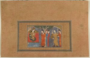 Seite aus einem unidentifizierten Text; Eine Prinzessin auf dem Thron, Iran, ca. 1440-50