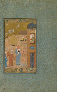 Seite aus einem unidentifizierten Text; verso: Zwei Männer mit Krügen nähern sich einem Gebäude, Schiras, Iran, ca. 1520 von Persian School
