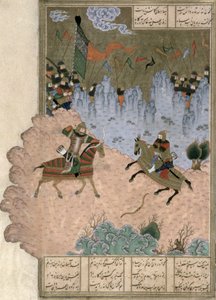 Isfandiyar von Rustam mit dem magischen Pfeil getötet, Illustration aus dem Shahnama (Buch der Könige)