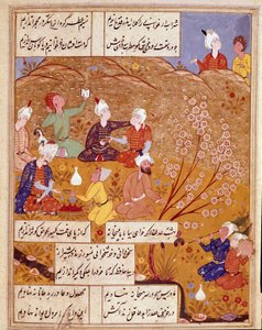 Islamische Kunst: „Das königliche Picknick auf dem Land“. Miniatur zur Illustration der Gedichte des persischen Dichters Hafez (Hafiz Shirazi), persisches Manuskript. 1554 San Lorenzo de El Escorial, Königliche Bibliothek des Klosters El Escorial, Madrid