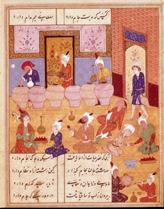 Islamische Kunst: „Bankett mit Musikern“ Miniatur, die die Gedichte des persischen Dichters Hafez illustriert (1554)
