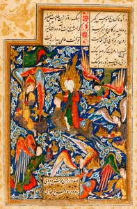 Die Himmelfahrt des Propheten Mohammed, begleitet vom Erzengel Gabriel und reitend auf Al Buraq
