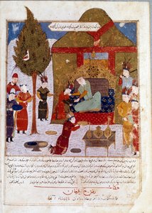 Mongolischer Kaiser Dschingis Khan auf seinem Thron in einem Lager bei Ilmil mit seinen Enkeln Quibalai und Hule Gu