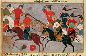Ms Pers.113 f.49 Dschingis Khan (ca. 1162-1227) in der Schlacht, aus einem Buch von Rashid-al-Din (1247-1318)