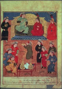 Ms. Supp. Pers. 1113 fol.203v Arghan Khan mit zwei seiner Frauen und seinem Sohn Ghazan, aus einem Buch von Rashid ad-Din (1247-1318)