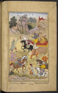 Suratha, zweiter Sohn von Raja Hamsadhvaja, fordert Arjuna und seinen Wagenlenker Krishna nach dem Tod seines Bruders Sudhanvan heraus, aus dem Razmnāmah (Buch des Krieges), Übersetzung des Mahabharata von Naqib Khan von Persian School