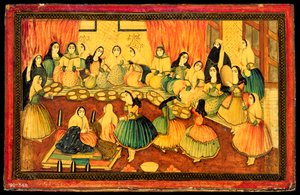Persische Damen-Gesellschaft, Hälfte eines Buchdeckels, Iran, 19. Jahrhundert von Persian School