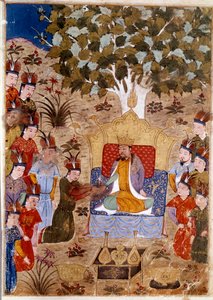 Darstellung von Chaghtai Khan (1227-1242) auf seinem Thron, er ist der Sohn von Dschingis Khan zu Pferd. Persische Miniatur aus „Jami al-Tawarikh“ (Jami al tawarikh) oder „Universalgeschichte“ von Historiker Rashid al-Din (al din) (1247-1318) um 1430. von Persian School