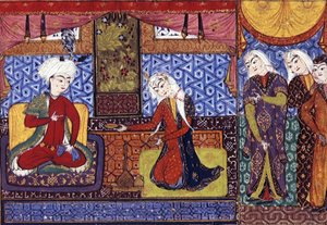 Shakar von Isfahan bietet Khusraw Wein an, ca. 1505 von Persian School