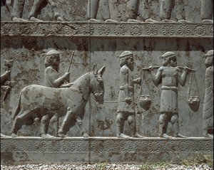 Unterworfene Völker bringen Geschenke zu Darius I. Reliefs der östlichen Treppe der Apadana, 6. Jahrhundert v. Chr.