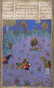 Suhrab von seinem Vater Rustam getötet, Illustration aus dem Shahnama (Buch der Könige)