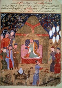 Der Hof des mongolischen Kaisers Dschingis Khan, Darstellung des persischen Miniaturzentrums aus Jami al-Tawarikh