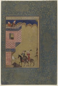 Zwei Reiter mit Keulen nähern sich einer Burg, ca. 1417-18