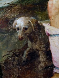 Hund, Detail aus der Geburt Christi, Gemälde von Pieter Candid oder Pieter de Witte (Detail)