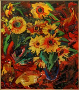 Stillleben mit Sonnenblumen und Hühnern