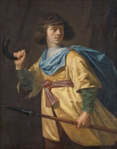 Porträt eines jungen Mannes mit Speer und Jagdhorn
