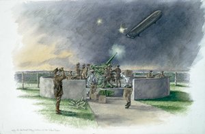 Lodge Hill Batterie, Beschuss eines deutschen Zeppelins während des Ersten Weltkriegs, ca. 1910er, ca. 1980-2010
