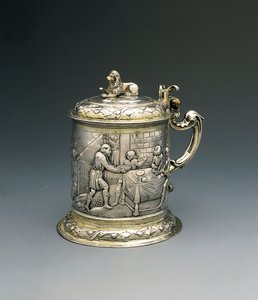 Krug, der Körper mit Jakob, der mit dem Engel ringt, und Abraham und Sarah, die der Dreifaltigkeit Gastfreundschaft gewähren, Danzig, ca. 1690 von Peter III Rohde