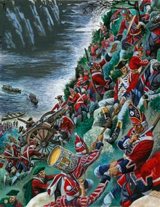 Die britischen Soldaten machen den mühsamen Aufstieg auf die Höhen von Abraham, um Quebec einzunehmen