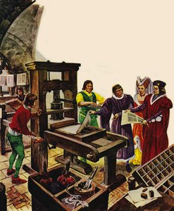 William Caxton zeigt König Eduard IV. und seiner Königin Elizabeth seine Druckerpresse