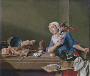 Küchenstillleben mit weiblicher Figur und Papagei (Das Gefühl) von Peter Jacob Horemans