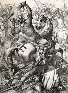 Schlacht von Hastings, 14. Oktober 1066, zwischen der normannisch-französischen Armee von Herzog Wilhelm II. von der Normandie und einer englischen Armee unter dem angelsächsischen König Harold II., während der normannischen Eroberung Englands von Peter Johann Nepomuck Geiger
