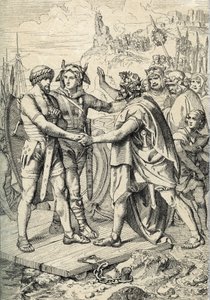 Landung von Hengest und Horsa, Figuren der angelsächsischen Legende, die die beiden als germanische Brüder darstellen, die die Angeln, Sachsen und Jüten anführten, die im 5. Jahrhundert die ersten Gebiete Britanniens eroberten