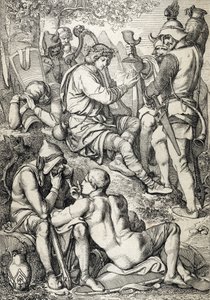 Krieg gegen die Wikinger: Der König von Wessex Alfred I. der Große (846-899) verkleidet sich als Harfenspieler und betritt das Lager von Guthrum, um seine Schlachtpläne zu stehlen, Somerset 878 von Peter Johann Nepomuck Geiger