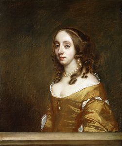 Porträt einer Dame der Familie Popham, Halbfigur, hinter einem Fenster, in einem orangefarbenen Kleid