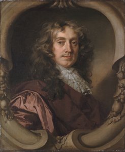 Porträt eines Gentlemans, halblang, in einem braunen Mantel und Mechlin-Spitzenkrawatte, in einem skulptierten Kartusche von Peter Lely